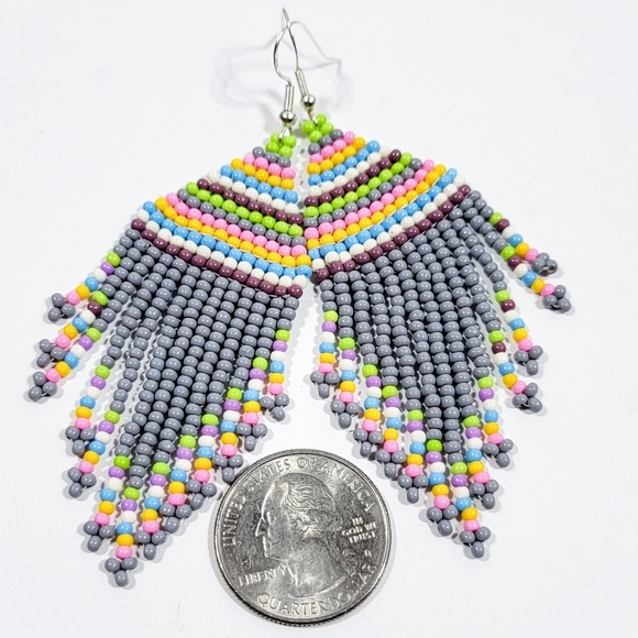 Handmade Grey Tribal Seed Bead Fringe Earrings - Picture 2 of 5